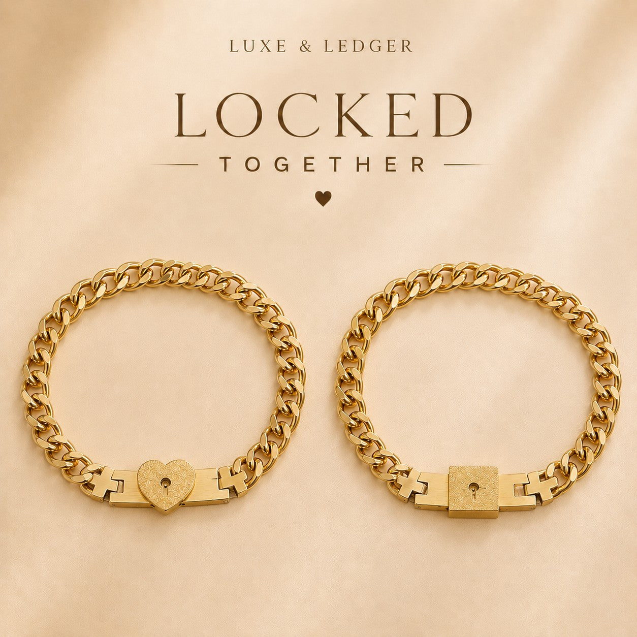 Two gold chain bracelets with heart and lock designs on a beige background, featuring the brand 'Luxe & Ledger'.