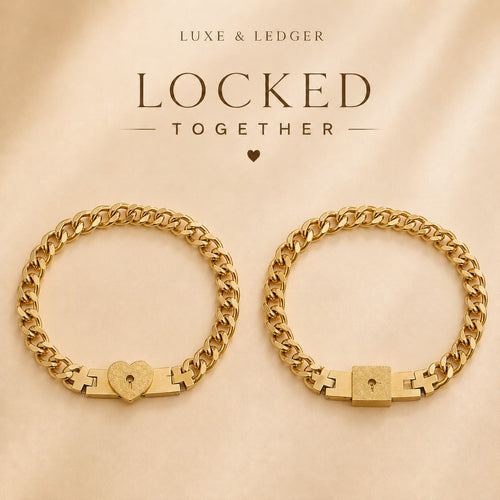 Two gold chain bracelets with heart and lock designs on a beige background, featuring the brand 'Luxe & Ledger'.