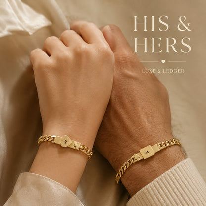 Two hands wearing gold bracelets with 'HIS & HERS' text and 'LUXE & LEDGER' branding.