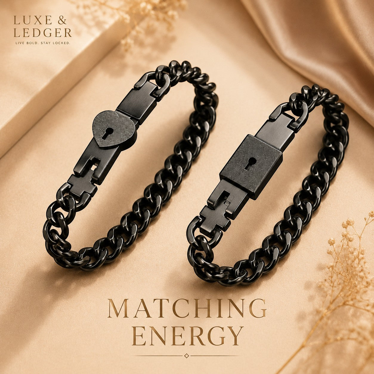 Two black chain bracelets on a beige fabric background with 'LUXE & LEDGER' branding.