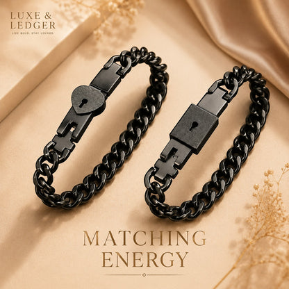Two black chain bracelets on a beige fabric background with 'LUXE & LEDGER' branding.
