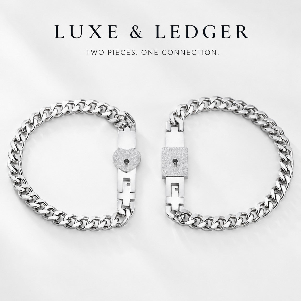 Two silver chain bracelets on a white background with 'LUXE & LEDGER' branding.