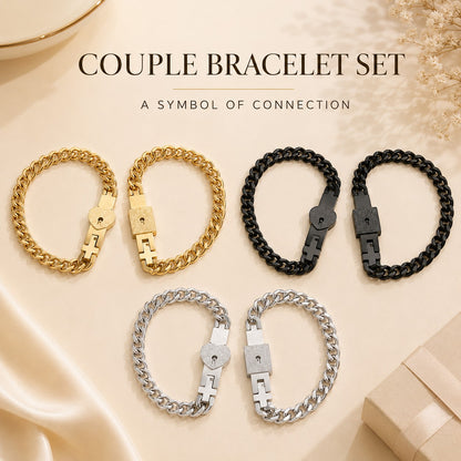 Couple bracelet set with gold, black, and silver options on a beige background.