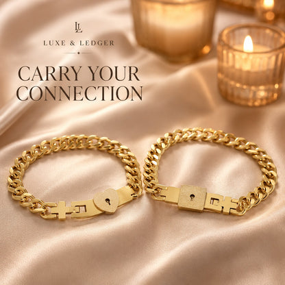 Two gold chain bracelets on a satin surface with 'Luxe & Ledger' branding and 'Carry Your Connection' text.