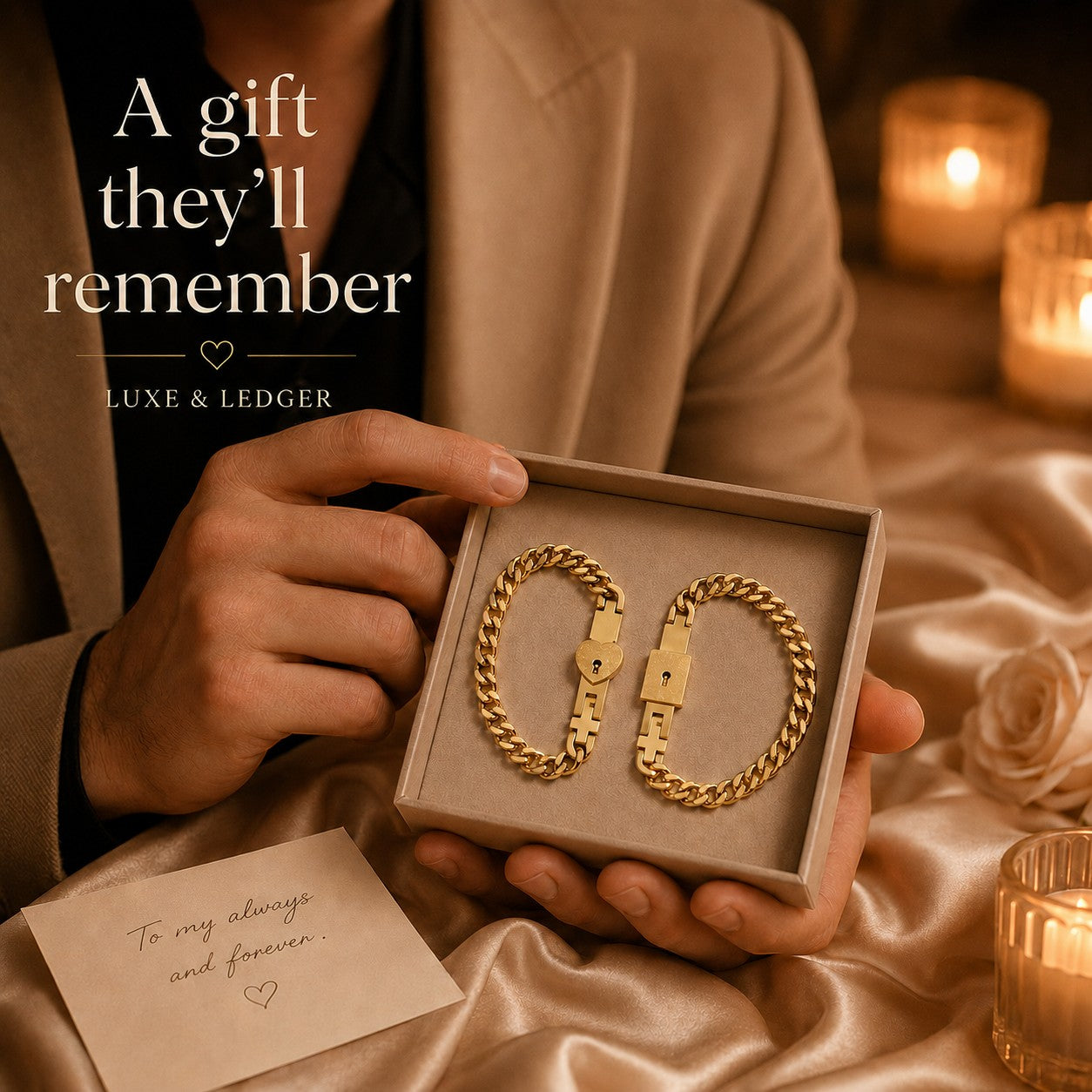 Person holding a box with gold chain necklaces and a card, with candles and roses in the background.