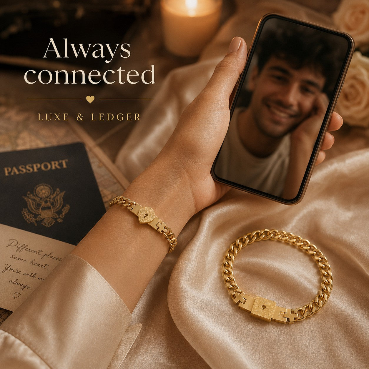 Hand holding a phone with a smiling person on screen, surrounded by gold jewelry and a passport, with 'Always connected' text.