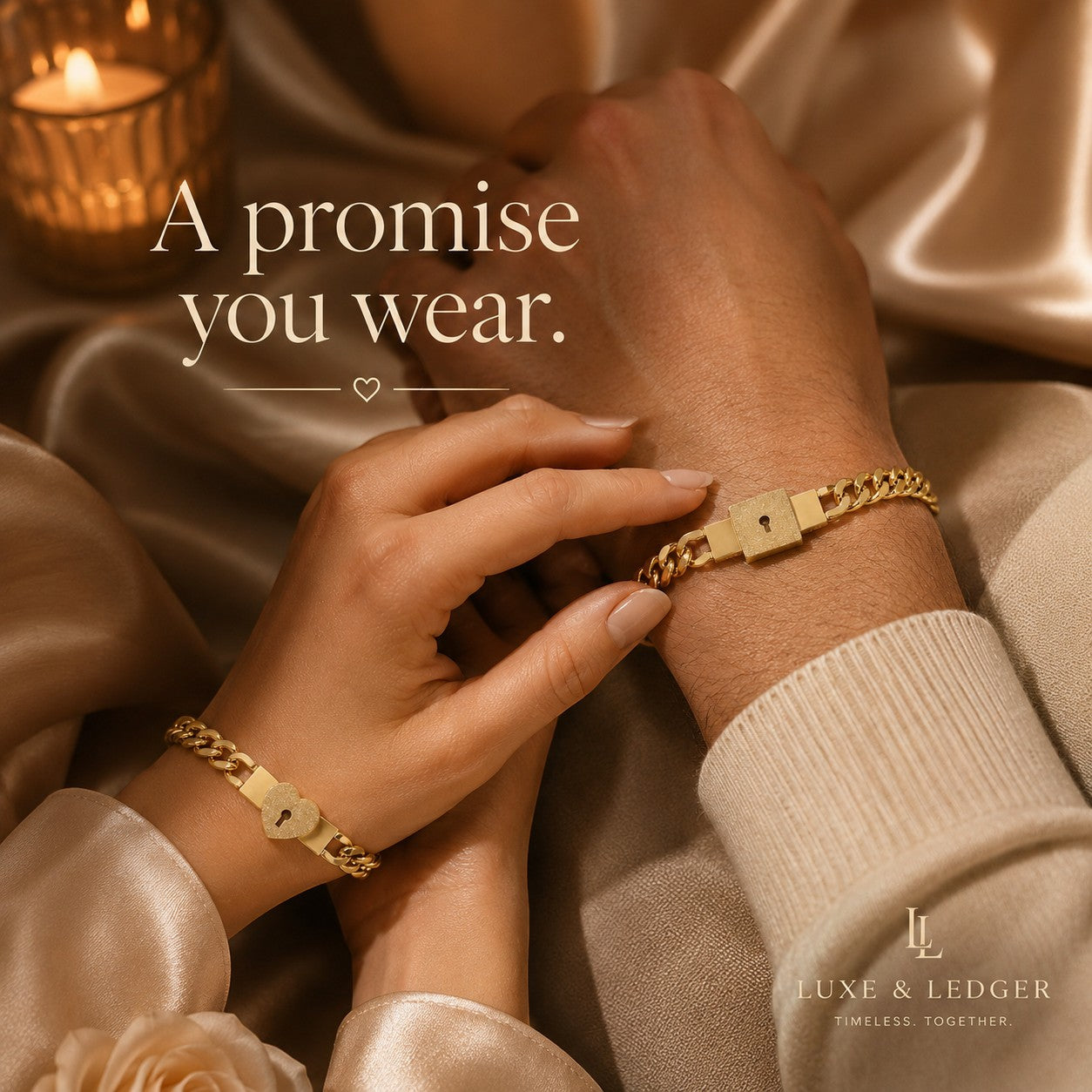 Two hands wearing gold bracelets with a soft, warm background.