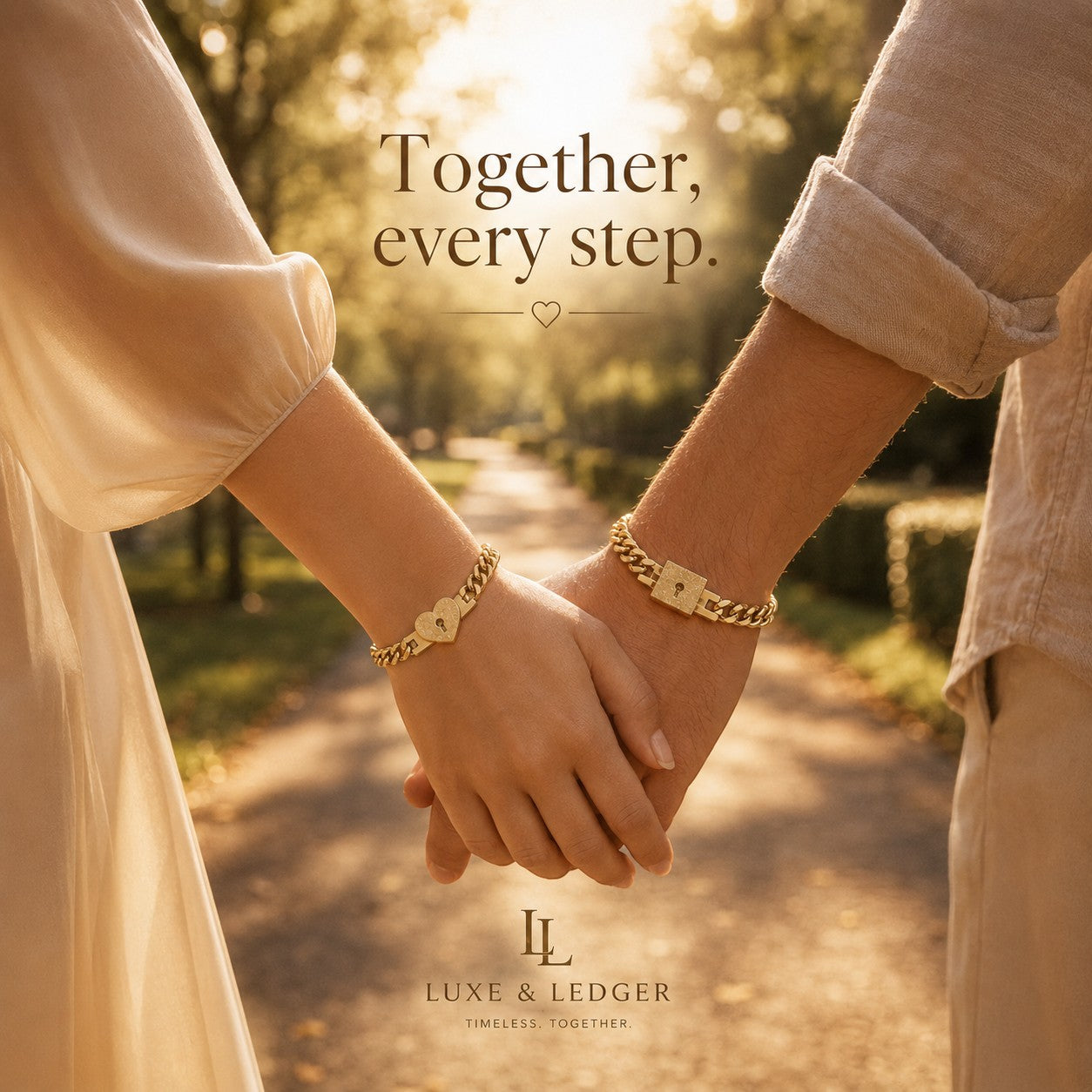 Two people holding hands with a scenic background and 'Together, every step' text.