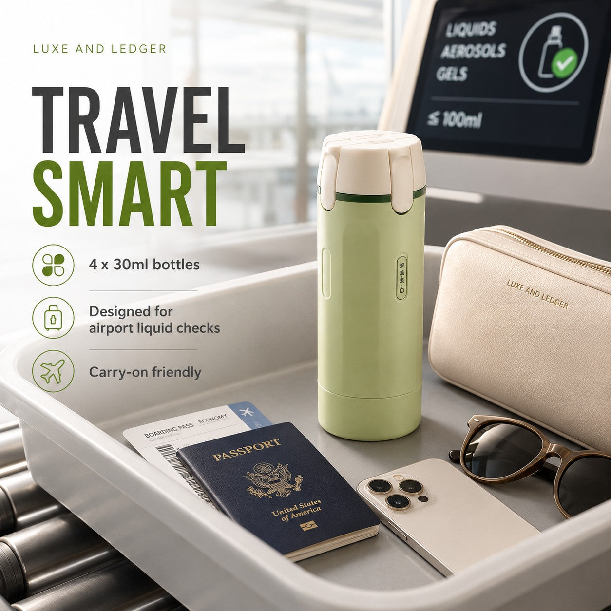 Travel accessories including a green bottle, passport, sunglasses, and phone on an airport conveyor belt.