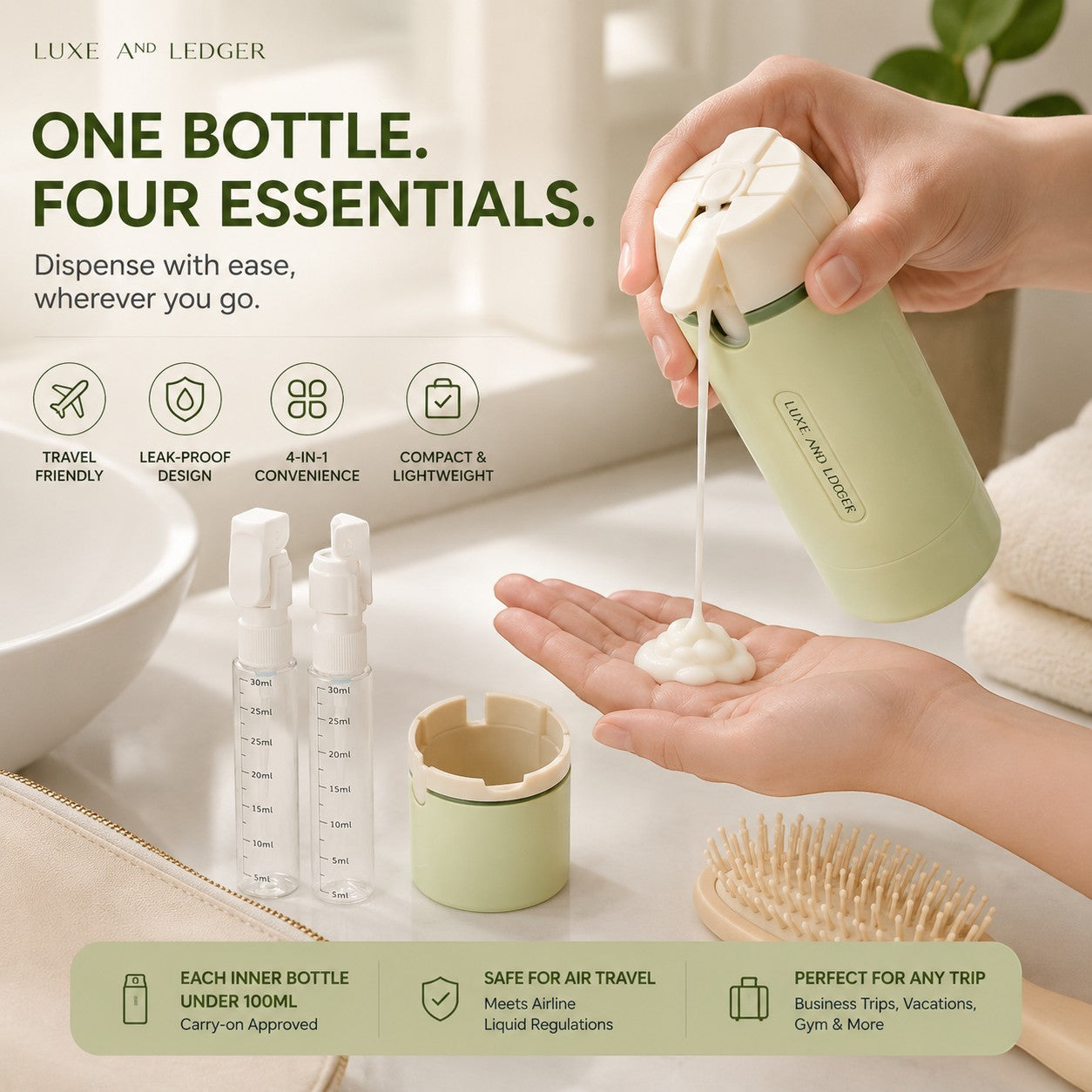 LUXE AND LEDGER travel toiletry set with hand holding a bottle dispensing soap, surrounded by small containers.