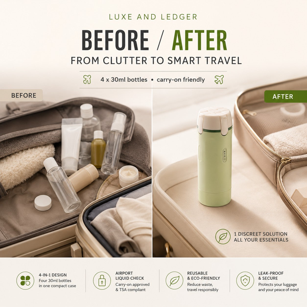 Before and after comparison of travel essentials organization with a green bottle.