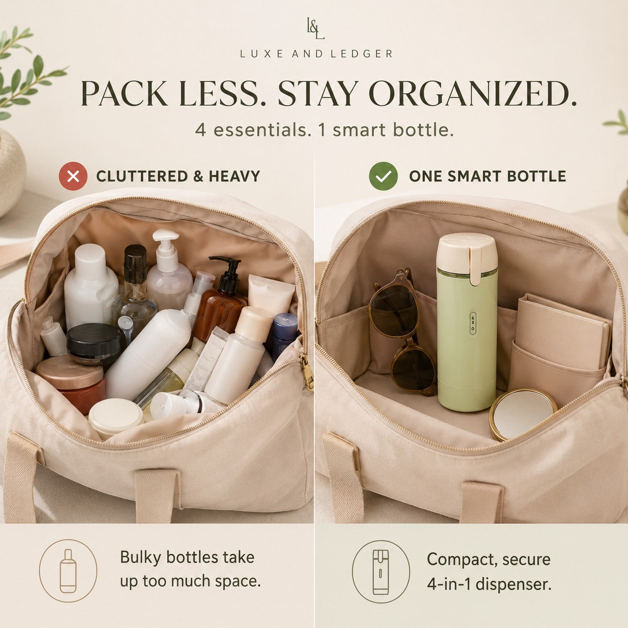 Comparison of a cluttered and heavy bag with bulky bottles versus a compact and secure bag with a smart bottle dispenser.