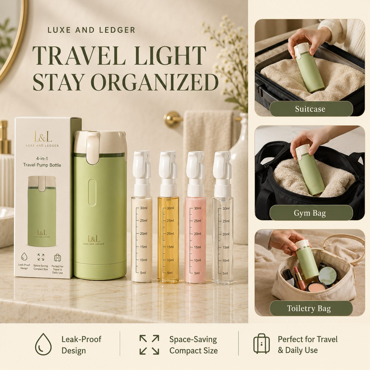 Travel light and stay organized with L&L travel pump bottles and accessories.