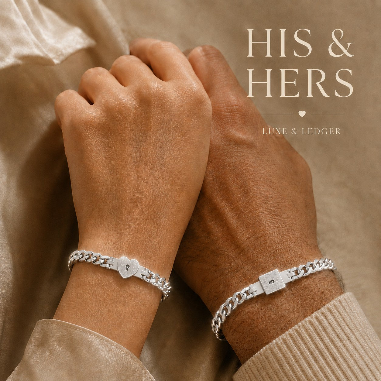 Two hands holding each other wearing matching silver bracelets with 'HIS & HERS' text above.