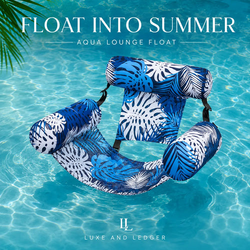 Blue and white patterned lounge float in clear blue water with 'Float into Summer' text and Luxe and Ledger logo.