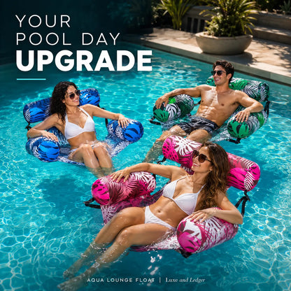 Three people lounging on inflatable pool floats in a pool with text 'Your Pool Day Upgrade'.