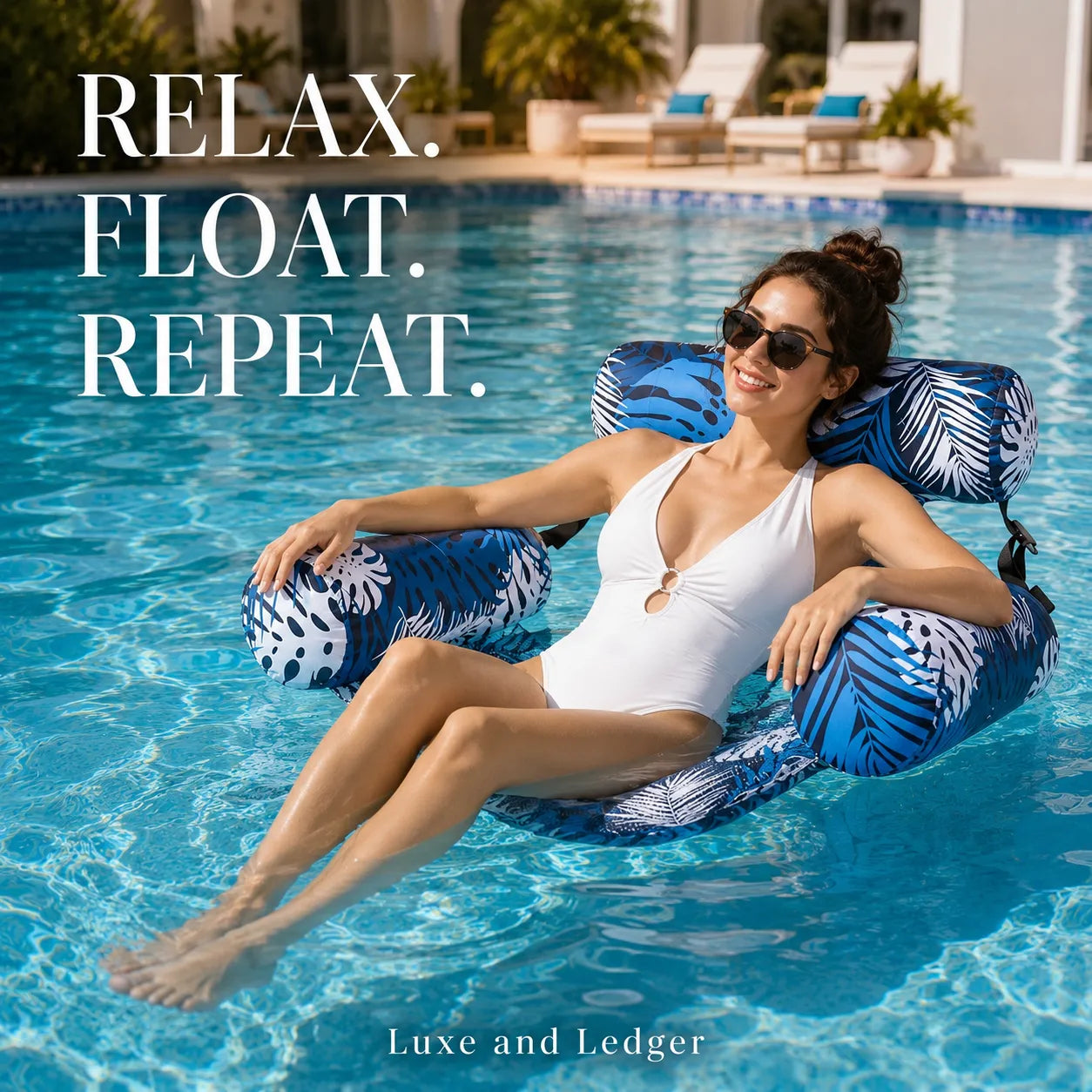 Woman lounging on a blue inflatable pool float with text 'Relax. Float. Repeat.' in a pool.