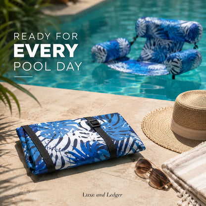 Blue and white floral-patterned towel, hat, sunglasses, and towel by a pool with text 'Ready for Every Pool Day'.