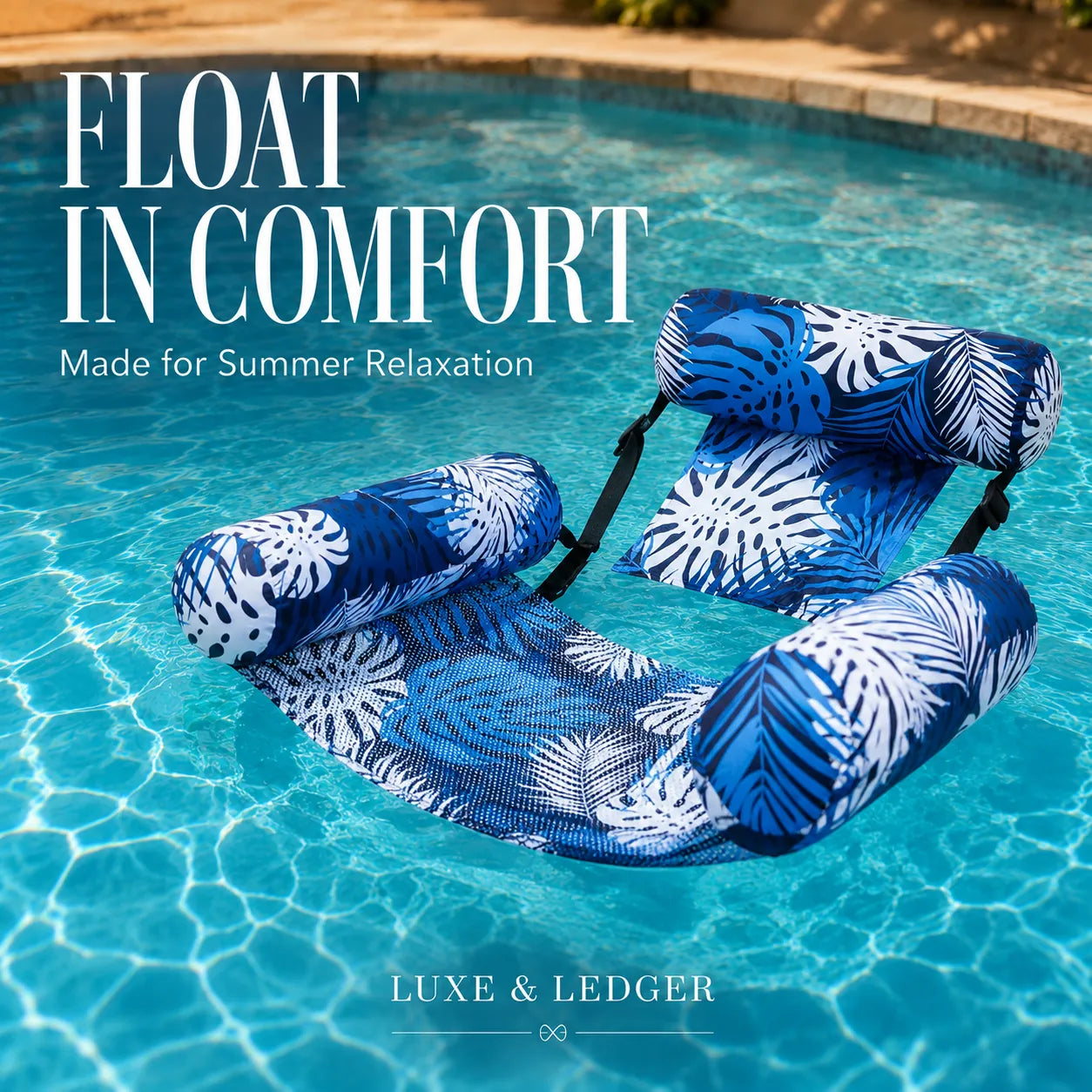 Blue and white inflatable pool float with palm leaf pattern on a pool.