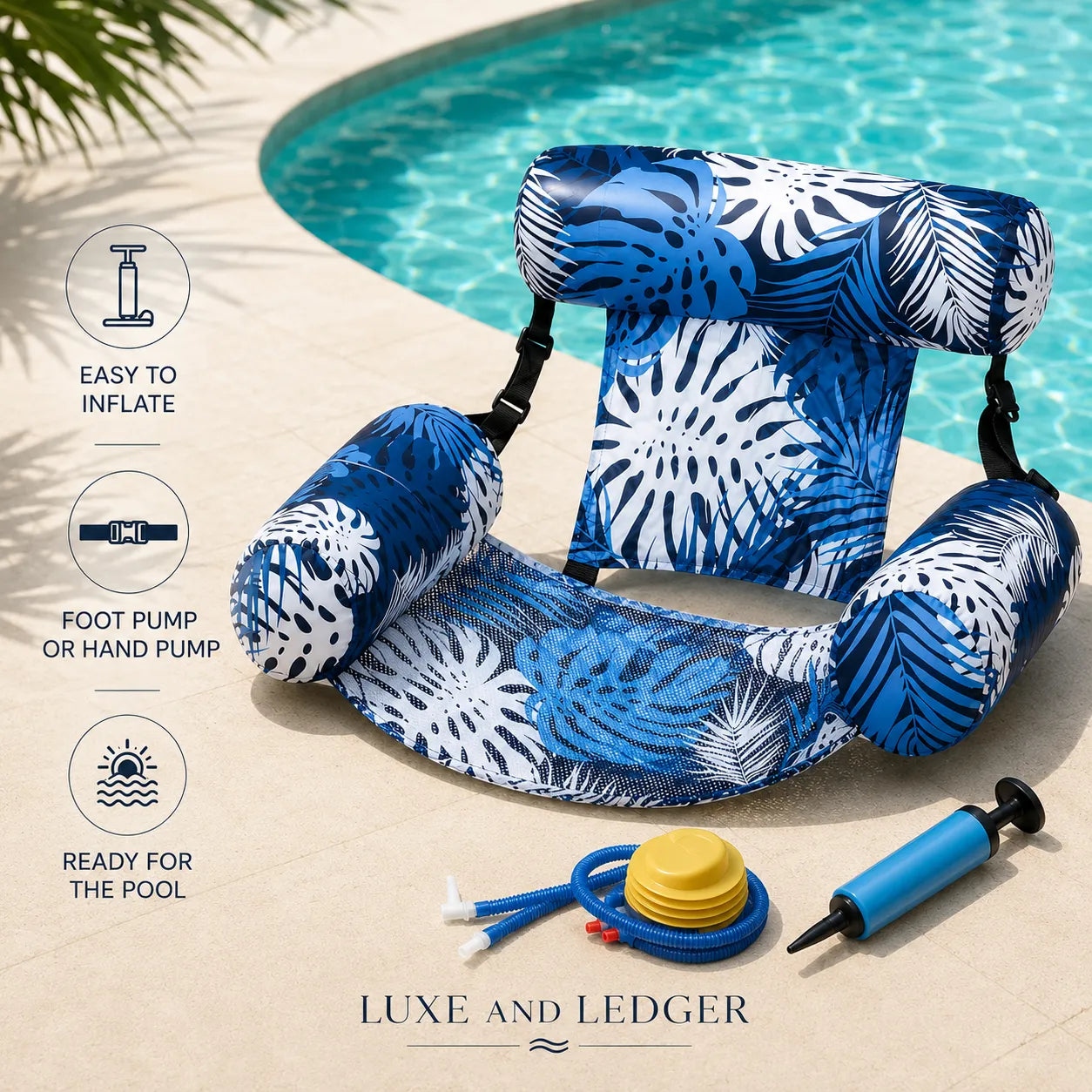 Inflatable pool chair with blue and white pattern next to a pool, featuring pump and accessories.