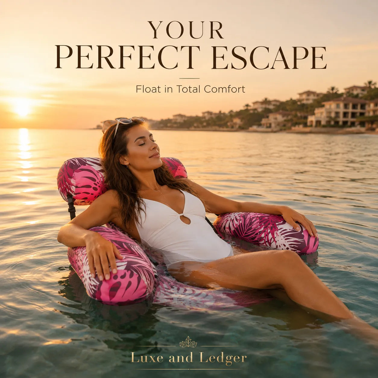 Woman relaxing on a pink inflatable chair in the water with a scenic background.