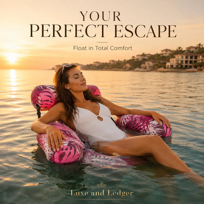 Woman relaxing on a pink inflatable chair in the water with a scenic background.