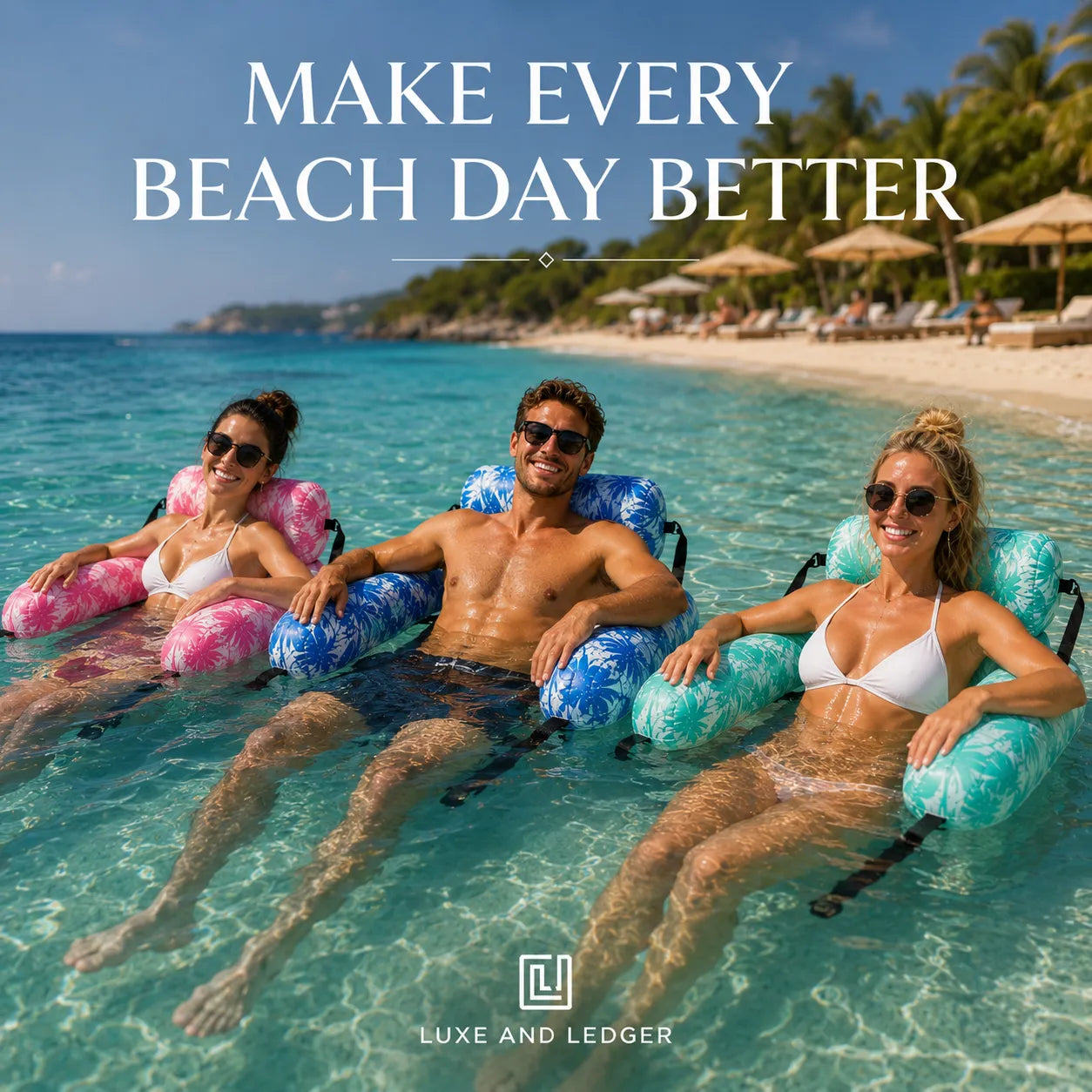 Three people lounging on inflatable chairs in clear blue water with a beach and palm trees in the background.