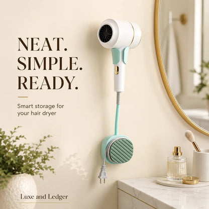 Hair dryer mounted on a wall with decorative elements in a bathroom setting.