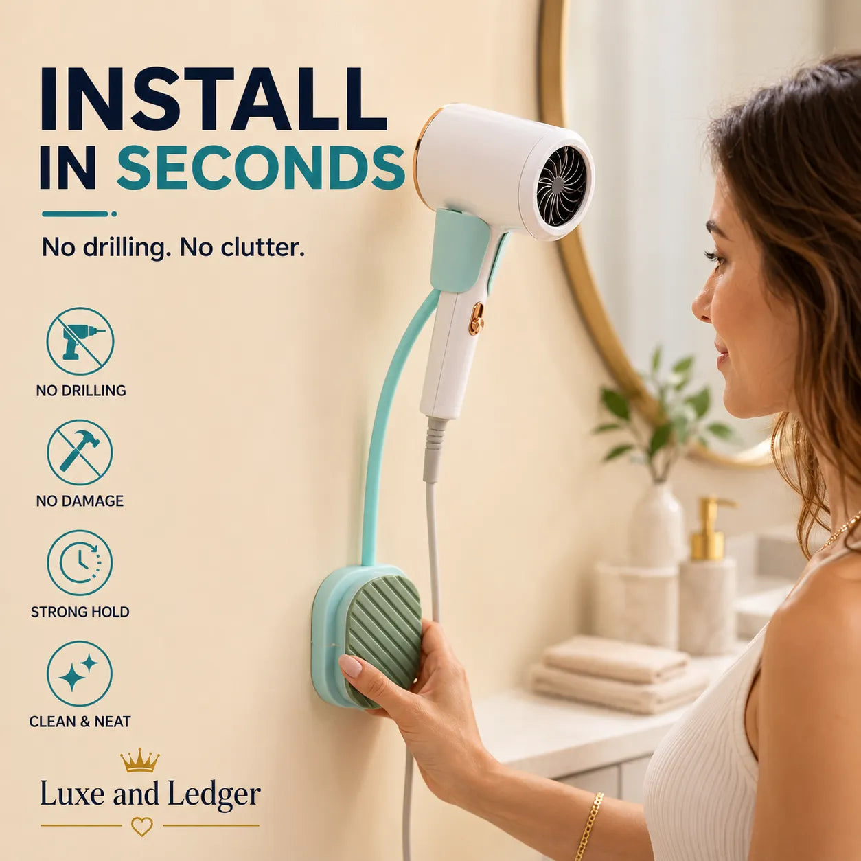Woman styling her hair with a hair dryer and brush in a bathroom setting, with 'Luxe and Ledger' branding.