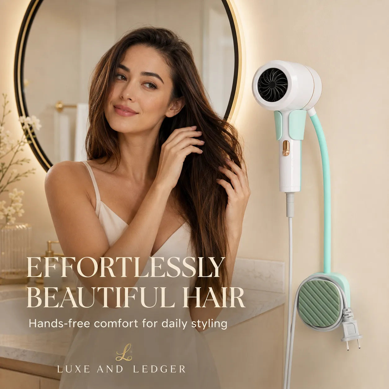 Woman styling her hair with a hands-free hair dryer in a bathroom setting, with 'Luxe and Ledger' branding.