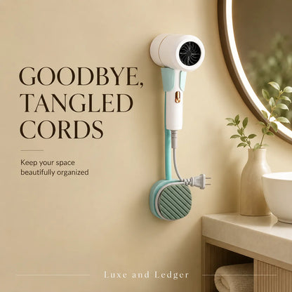 Wall-mounted hair dryer with cord organizer on a beige wall, with text 'Goodbye, Tangled Cords' and brand name 'Luxe and Ledger'.