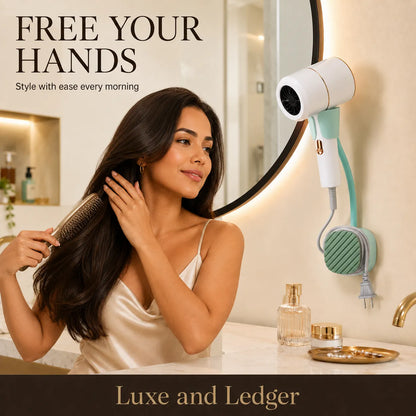 Woman styling her hair with a hair dryer and brush in a bathroom setting, with 'Luxe and Ledger' branding.