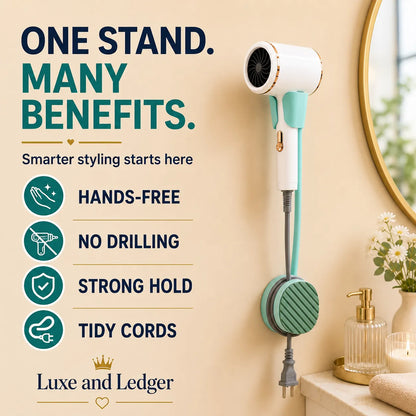 Hair dryer stand with text highlighting benefits on a beige wall.