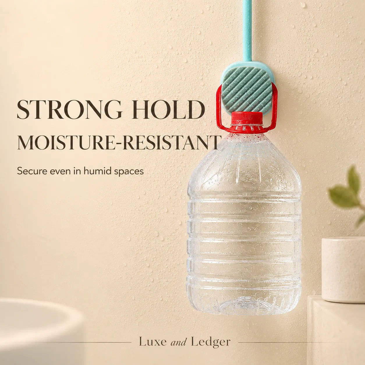 Moisture-resistant product securing a water bottle with text on a beige background