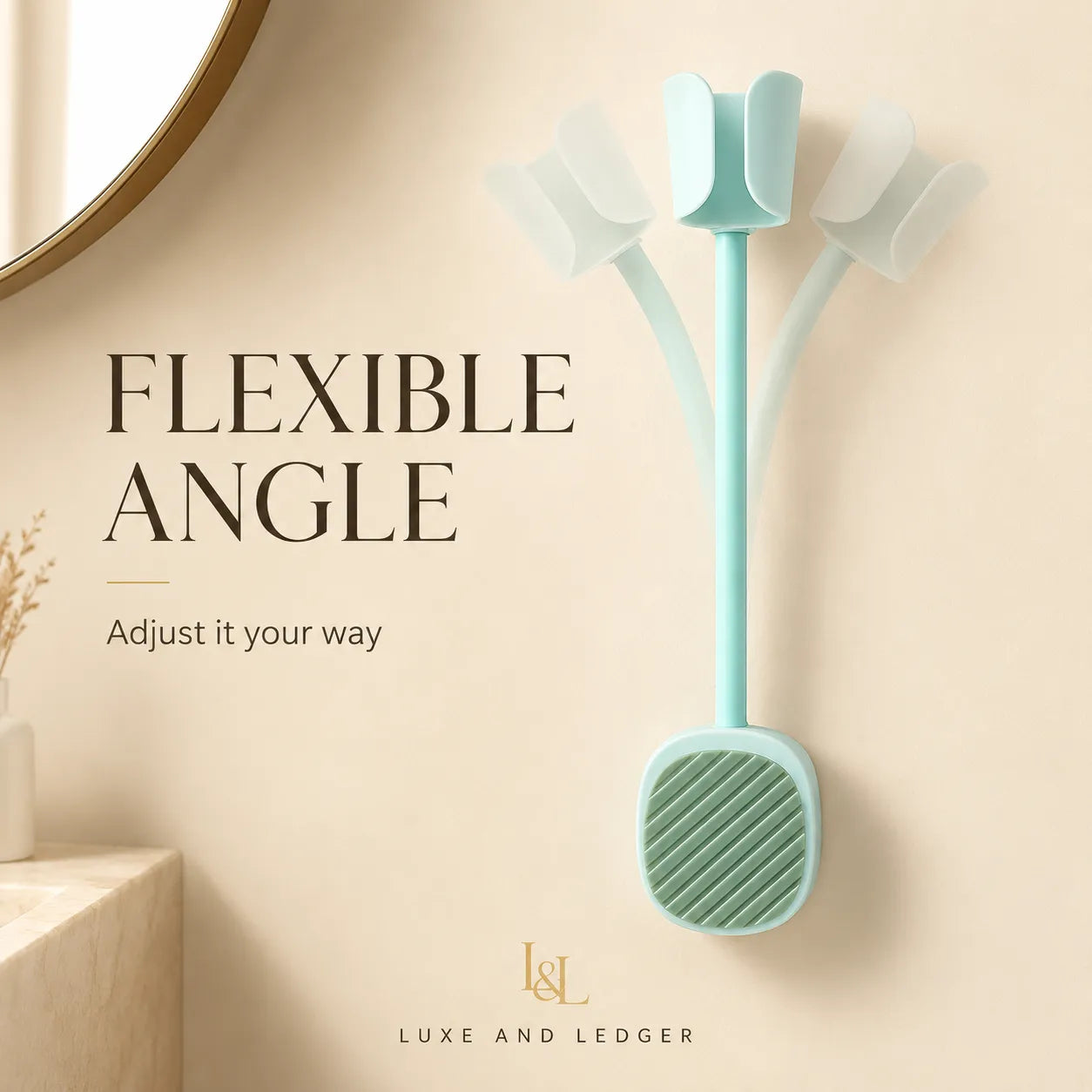 Flexible angle tool with text 'Adjust it your way' on a beige background, featuring the brand 'Luxe and Ledger'.
