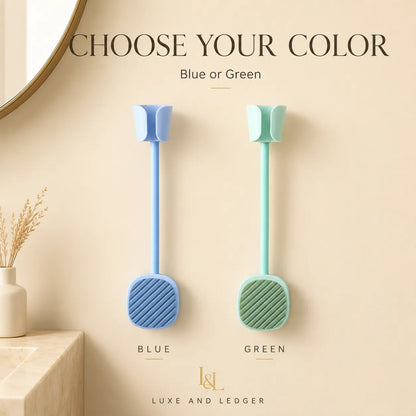 Two silicone sponges, one blue and one green, on a beige wall with 'Choose Your Color' text above.