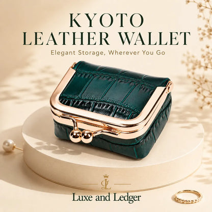 Green leather wallet with gold accents on a beige surface, featuring 'Kyoto Leather Wallet' text and 'Luxe and Ledger' branding.