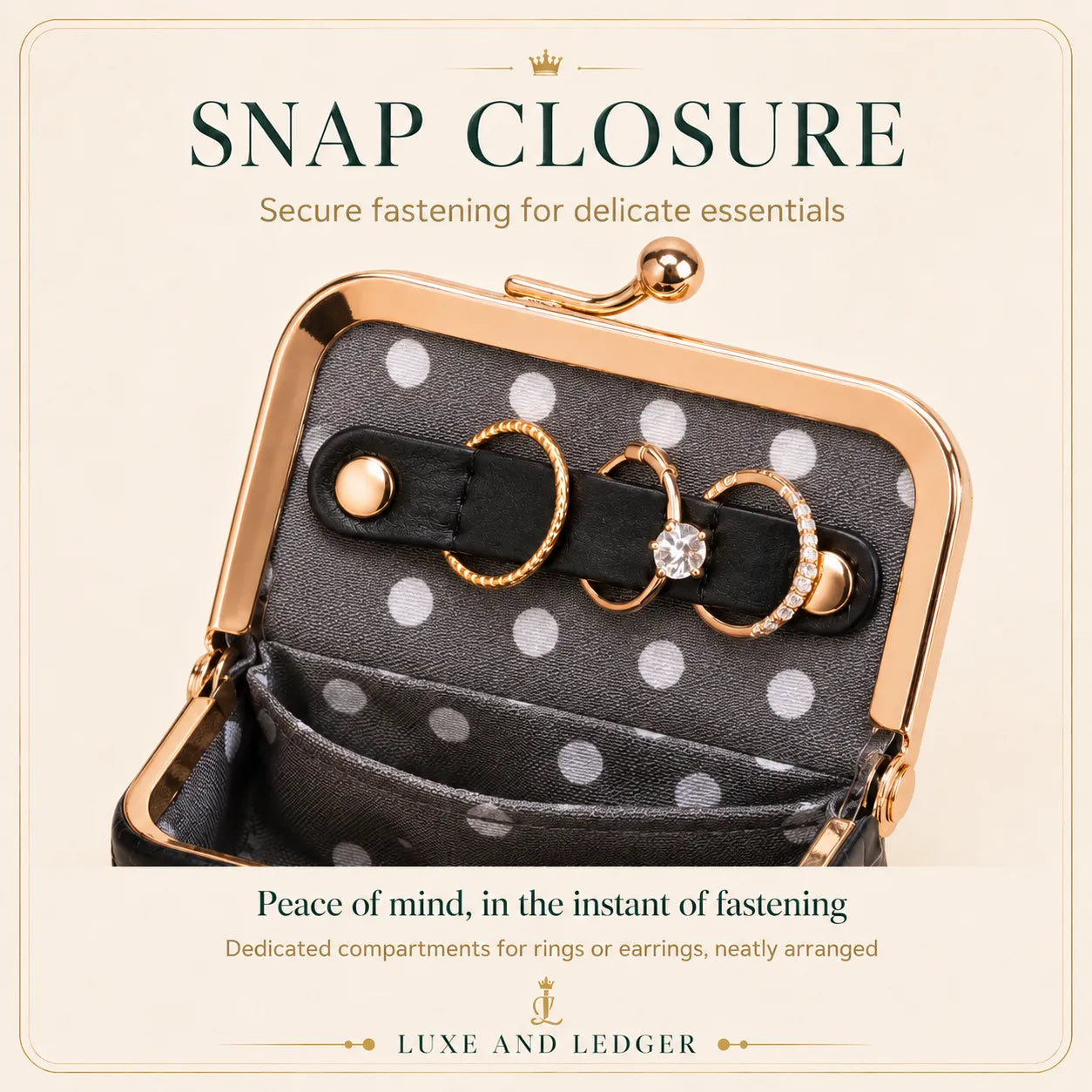 Jewelry pouch with polka dot pattern and gold frame, featuring rings and a diamond, with text about snap closure.
