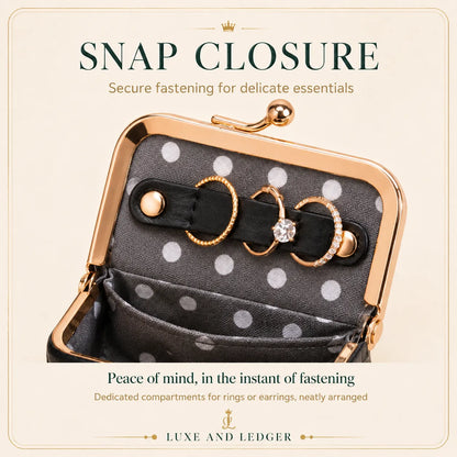 Jewelry pouch with polka dot pattern and gold frame, featuring rings and a diamond, with text about snap closure.