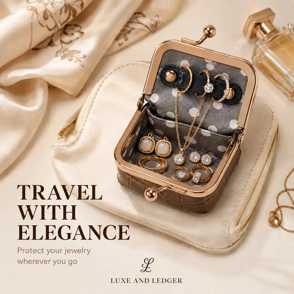Jewelry case with gold jewelry on a beige fabric background, featuring the brand 'Luxe and Ledger'.