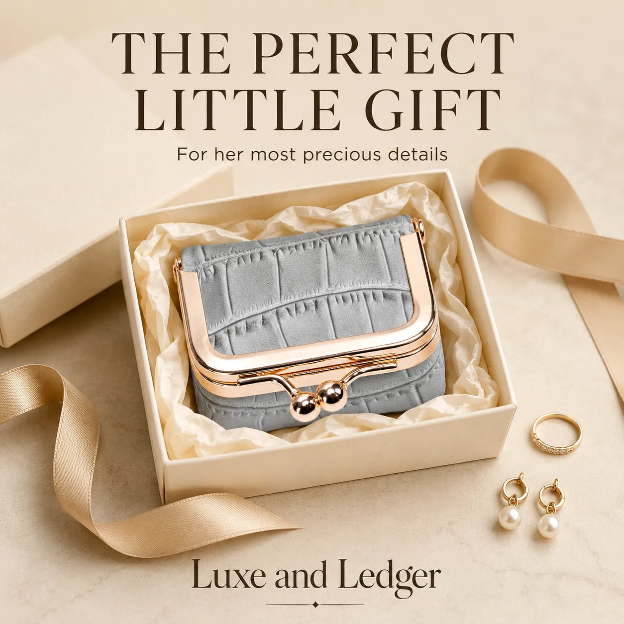 Blue jewelry case with gold accents in a box, surrounded by ribbons and jewelry on a beige background.