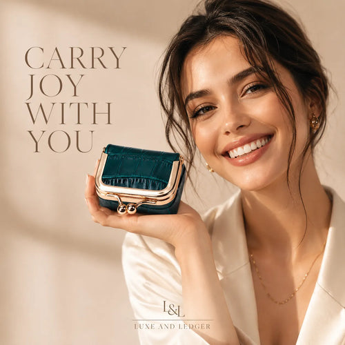Woman holding a blue handbag with 'Carry Joy With You' text and L&L logo.