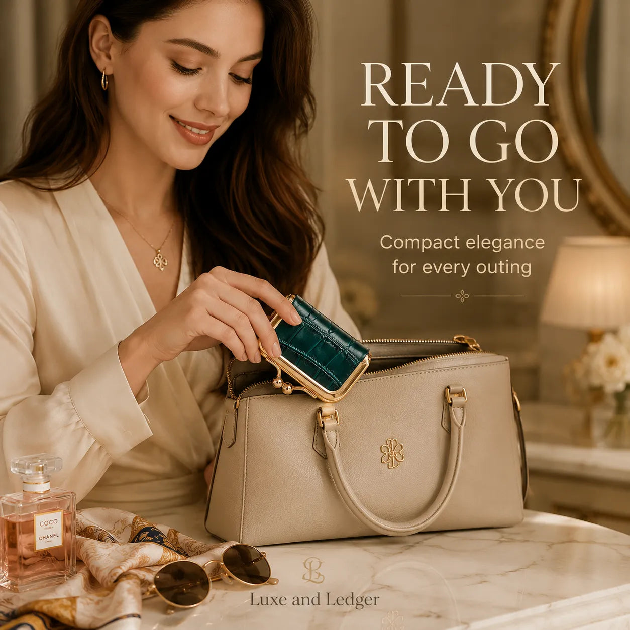 Woman opening a beige handbag with a stylish interior, surrounded by a bottle of perfume and sunglasses on a marble surface.