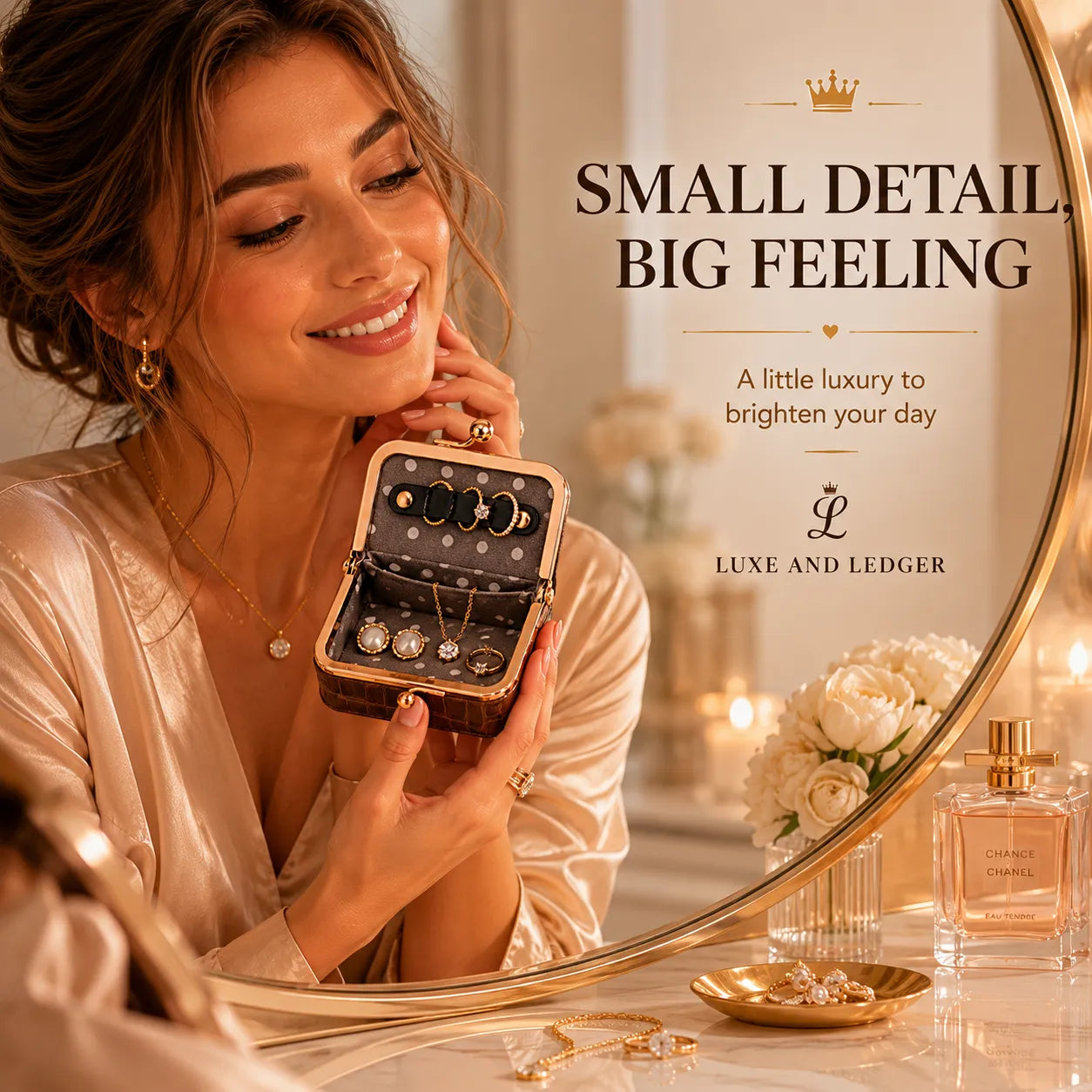 Woman holding a jewelry box with 'Luxe and Ledger' branding, surrounded by elegant decor.