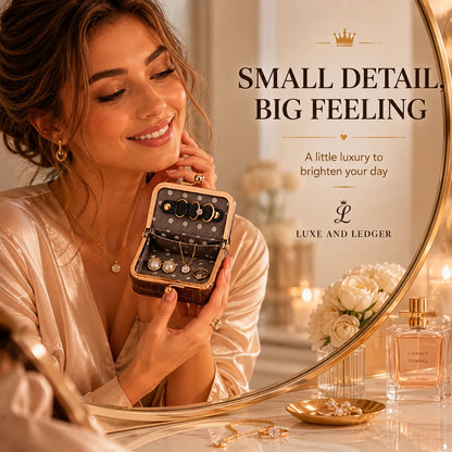 Woman holding a jewelry box with 'Luxe and Ledger' branding, surrounded by elegant decor.