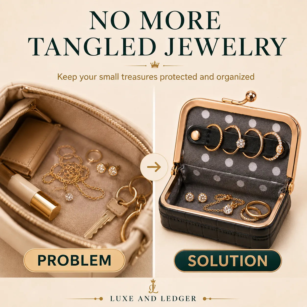 Jewelry organizer solution for tangled jewelry with 'Luxe and Ledger' branding.