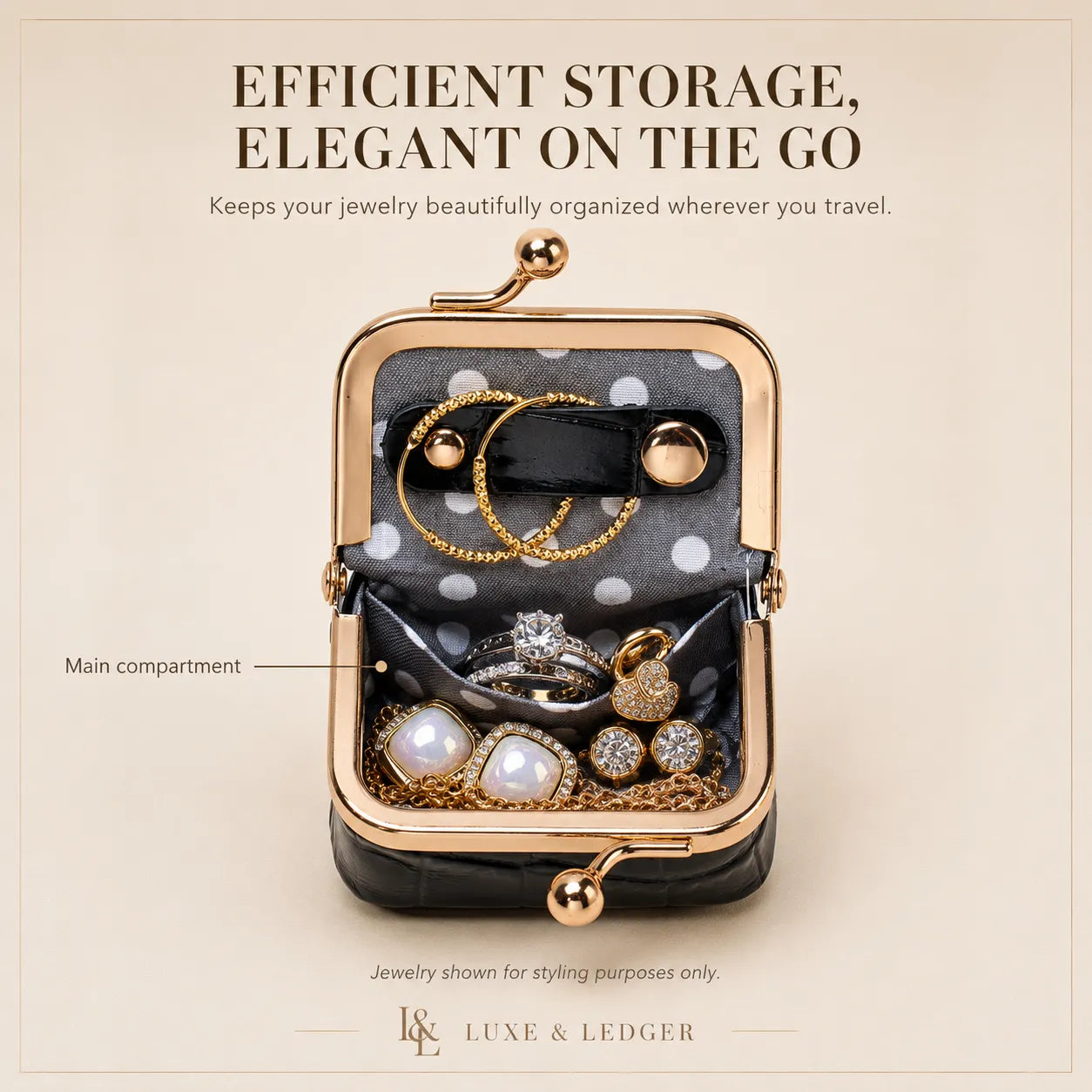 Jewelry organizer with gold accents containing rings and a necklace, labeled 'Luxe & Ledger'.