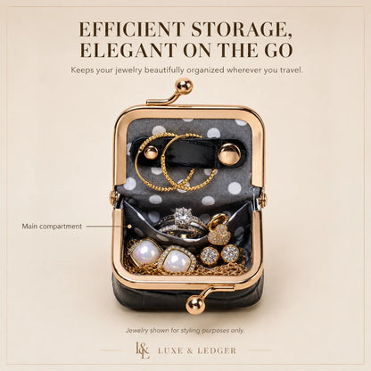 Jewelry organizer with gold accents containing rings and a necklace, labeled 'Luxe & Ledger'.
