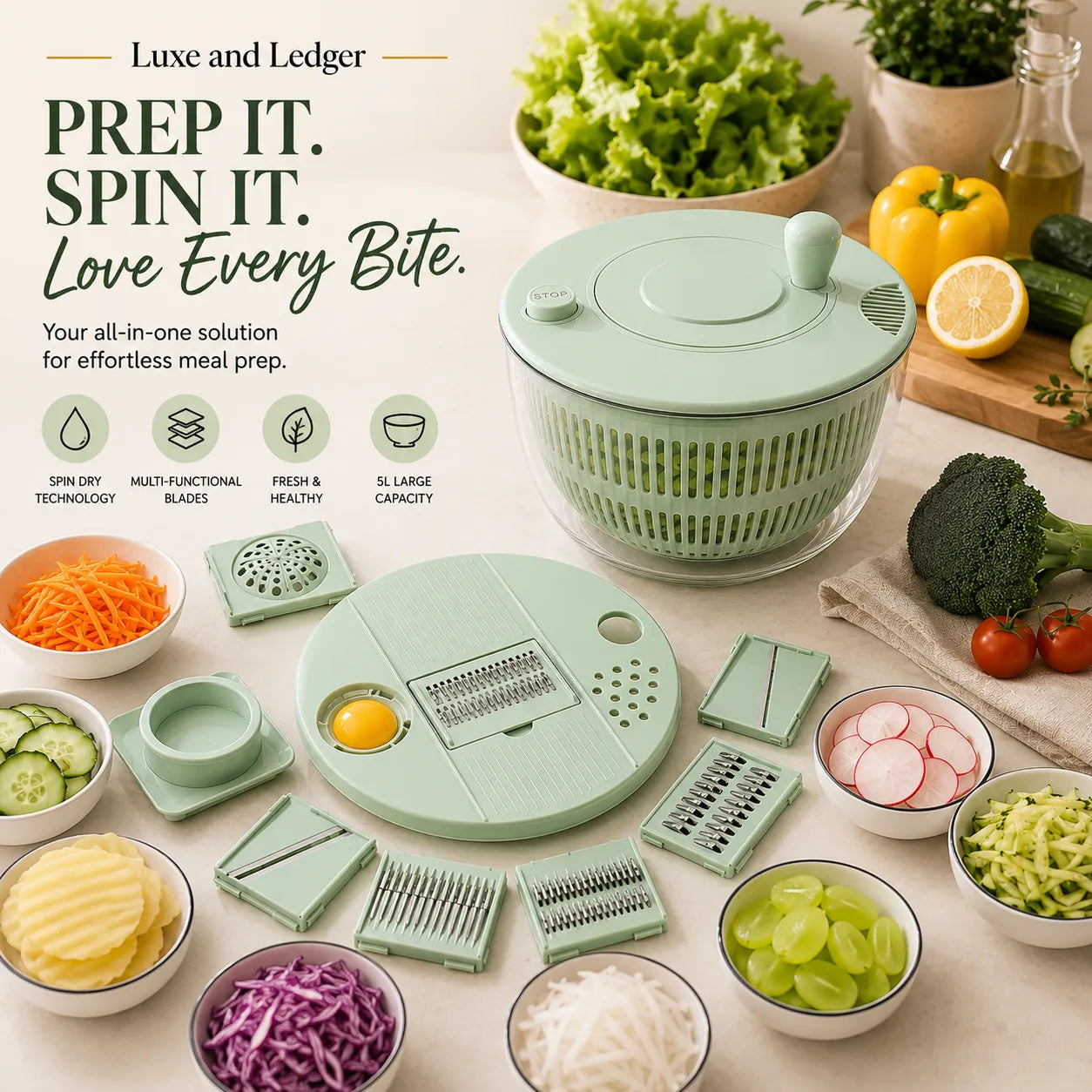 Green kitchen spinner with various attachments on a table with fresh vegetables and bowls.