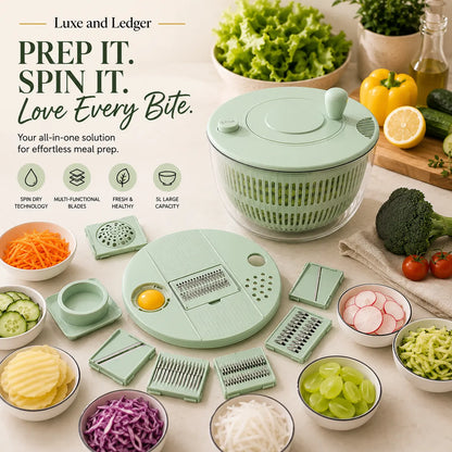 Green kitchen spinner with various attachments on a table with fresh vegetables and bowls.